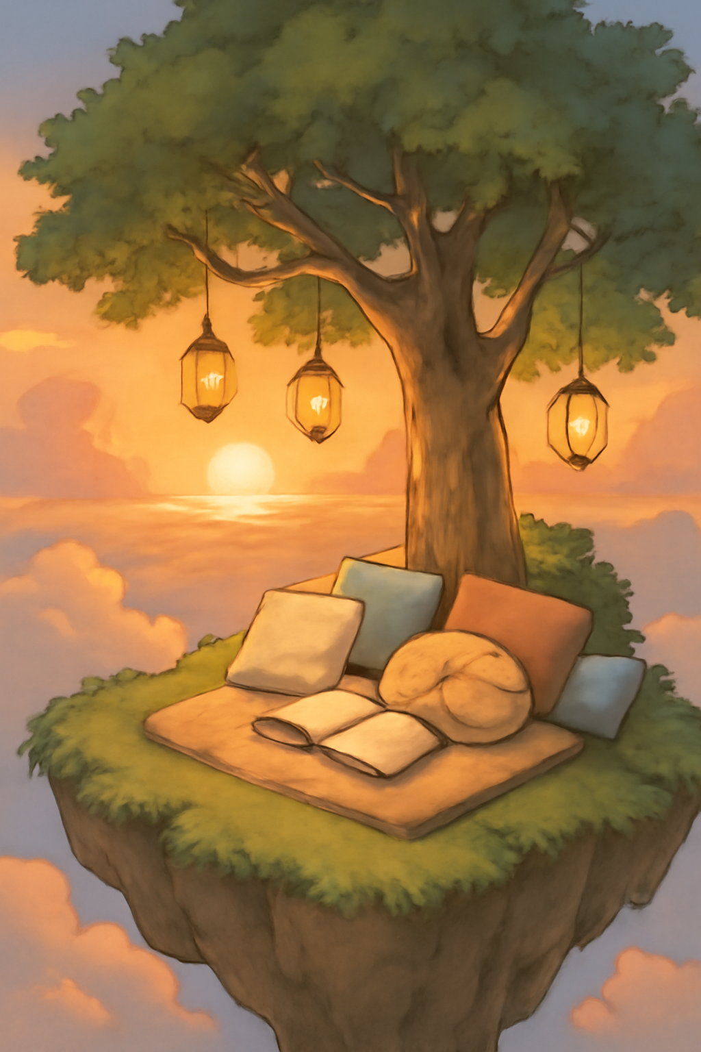 A cozy reading nook under a tree, in the middle of a floating island in the sky. Include soft pillows, hanging lanterns, and a cat curled up with a book. Sunset lighting. in Studio Ghibli style