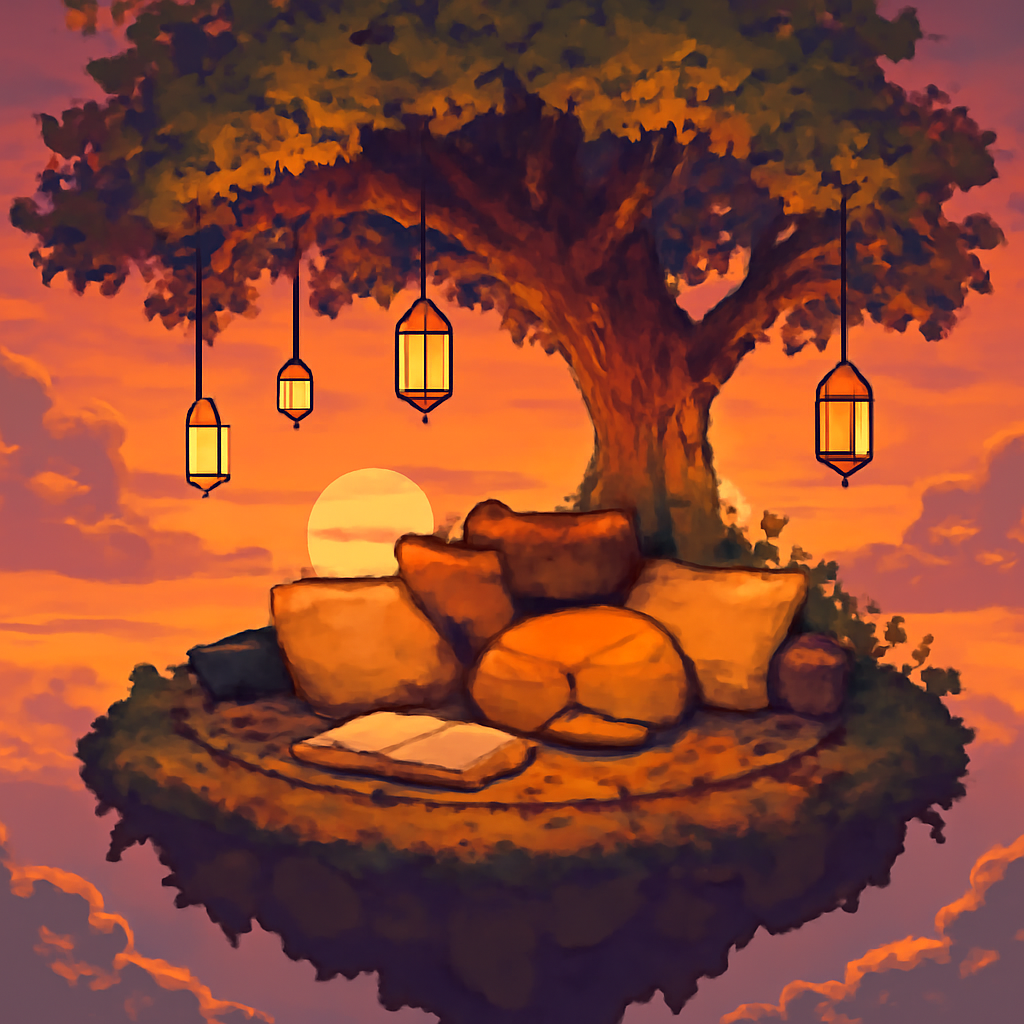 A cozy reading nook under a tree, in the middle of a floating island in the sky. Include soft pillows, hanging lanterns, and a cat curled up with a book. Sunset lighting. as a pixel art scene