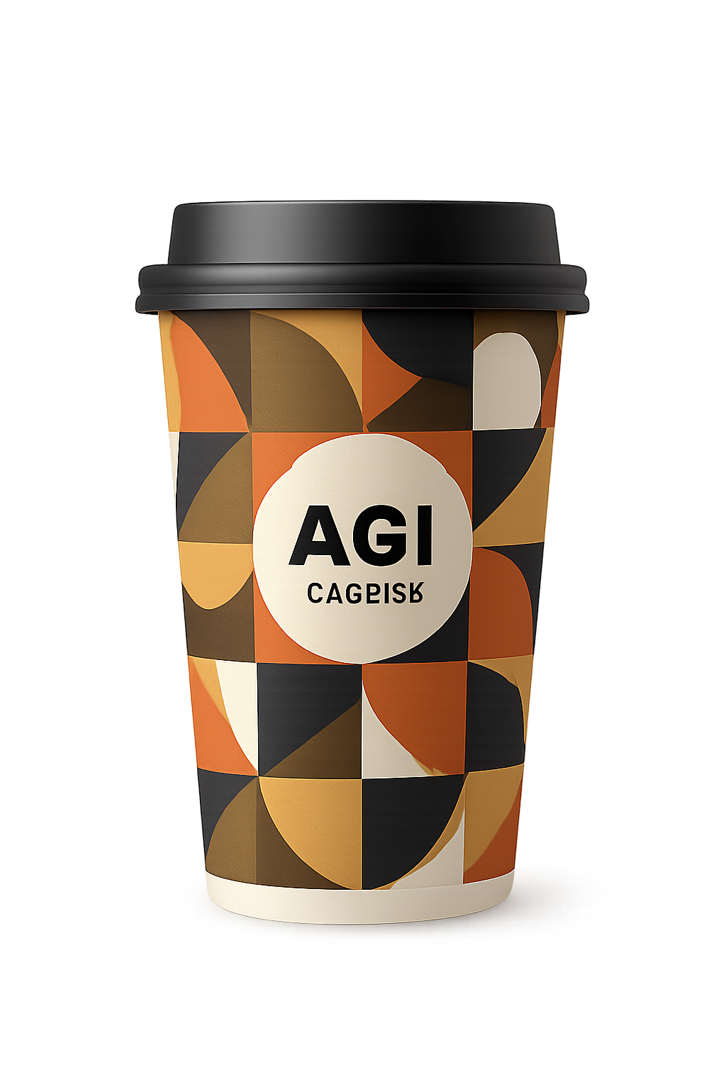 Generate a photo of a to-go coffee cup, with the brand "AGI Coffee" on the side. The graphics on the cup should be a geometric pattern. It should be on a transparent PNG background.