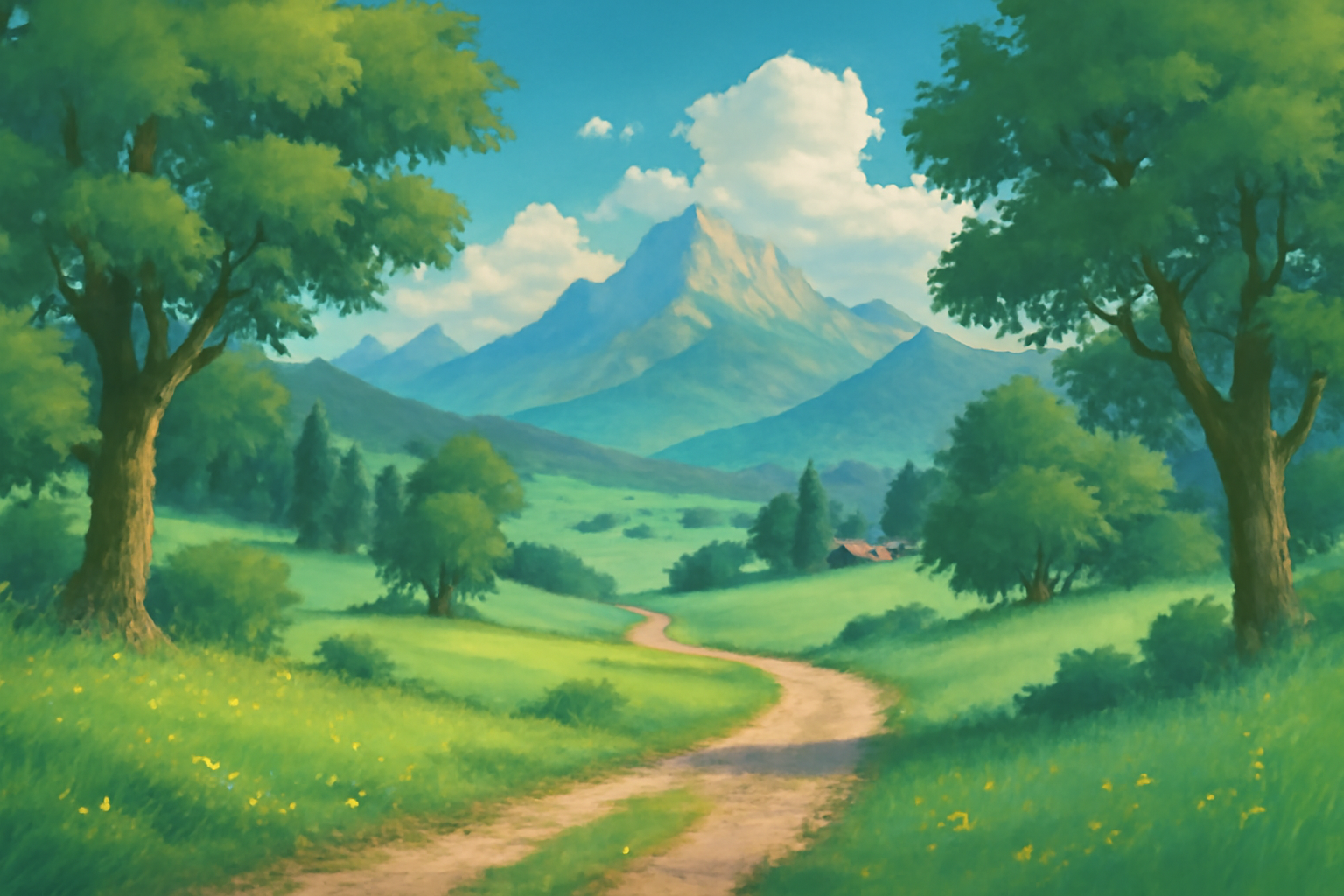 A landscape in the style of Ghibli