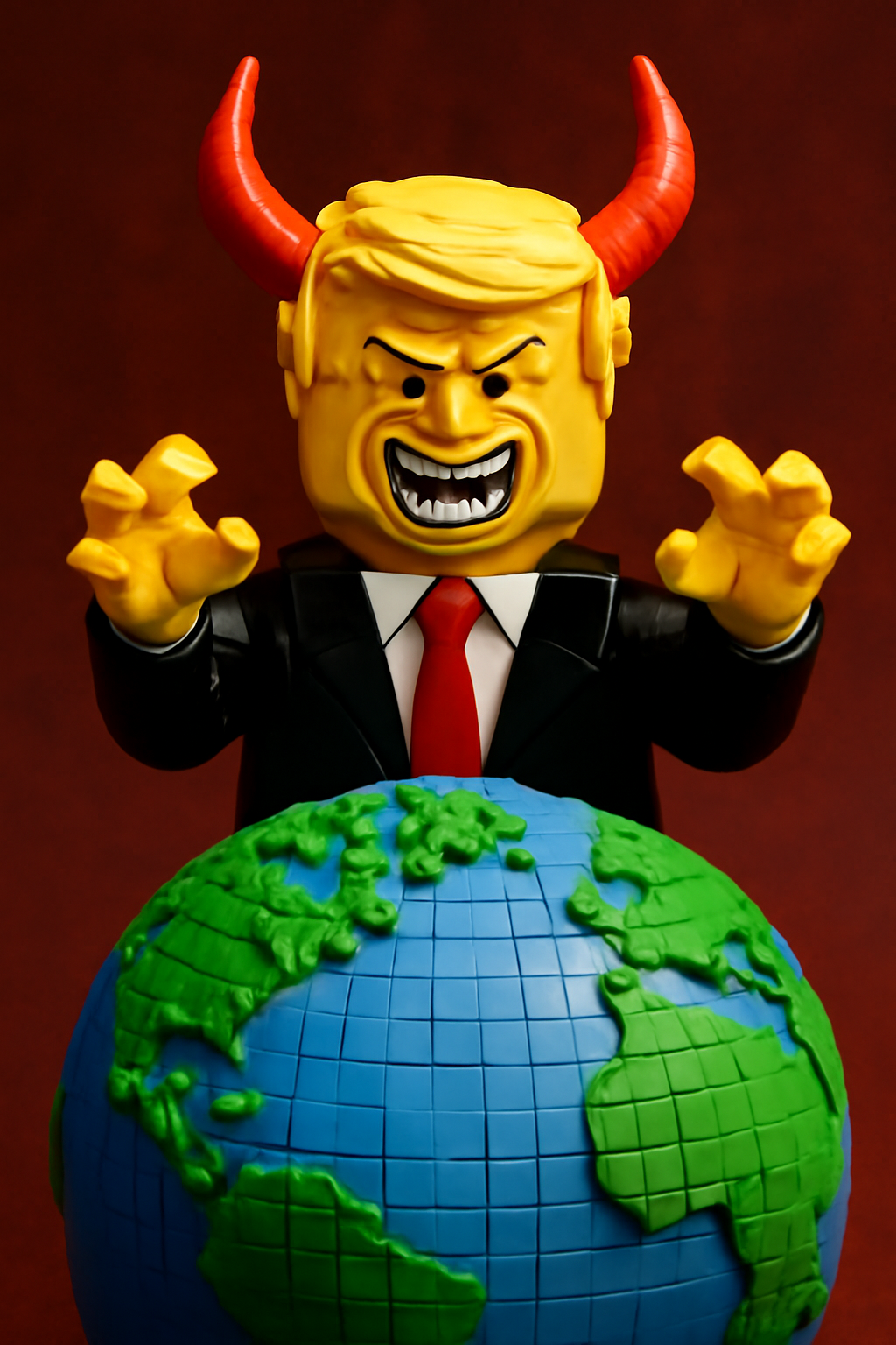donald trump gloating over the world globe, like an evil devil