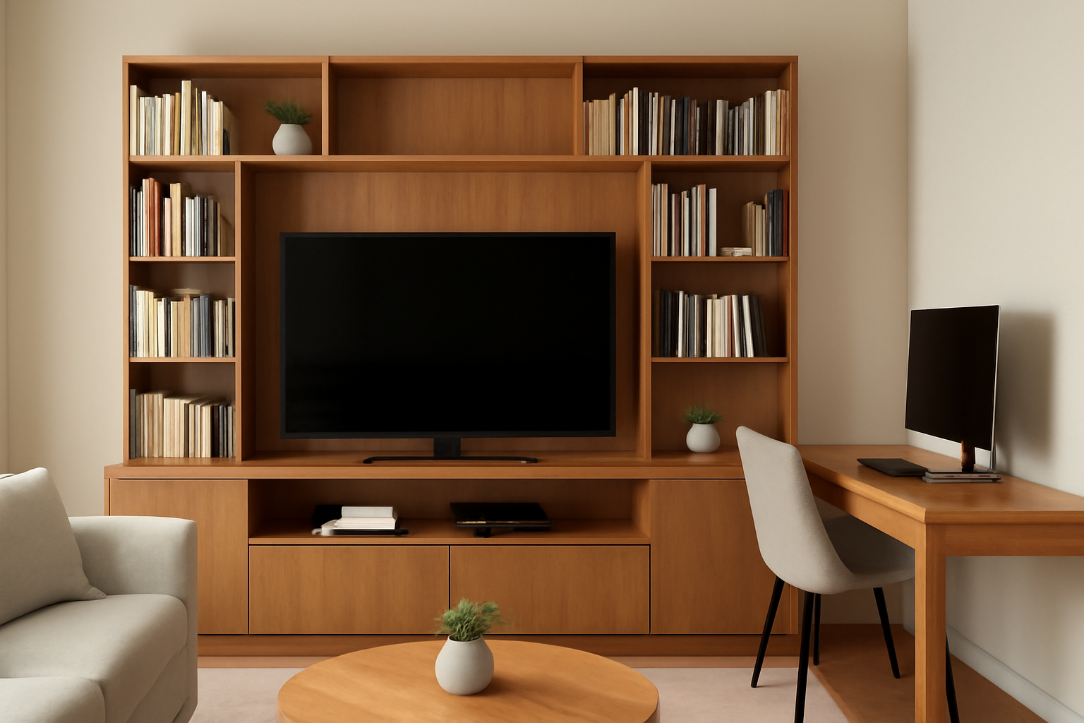 A living room with wooden TV display that has shelves with books, a shelf with games consoles below the TV, as well as a work desk that's connected to the TV display and in the same style of wood. 