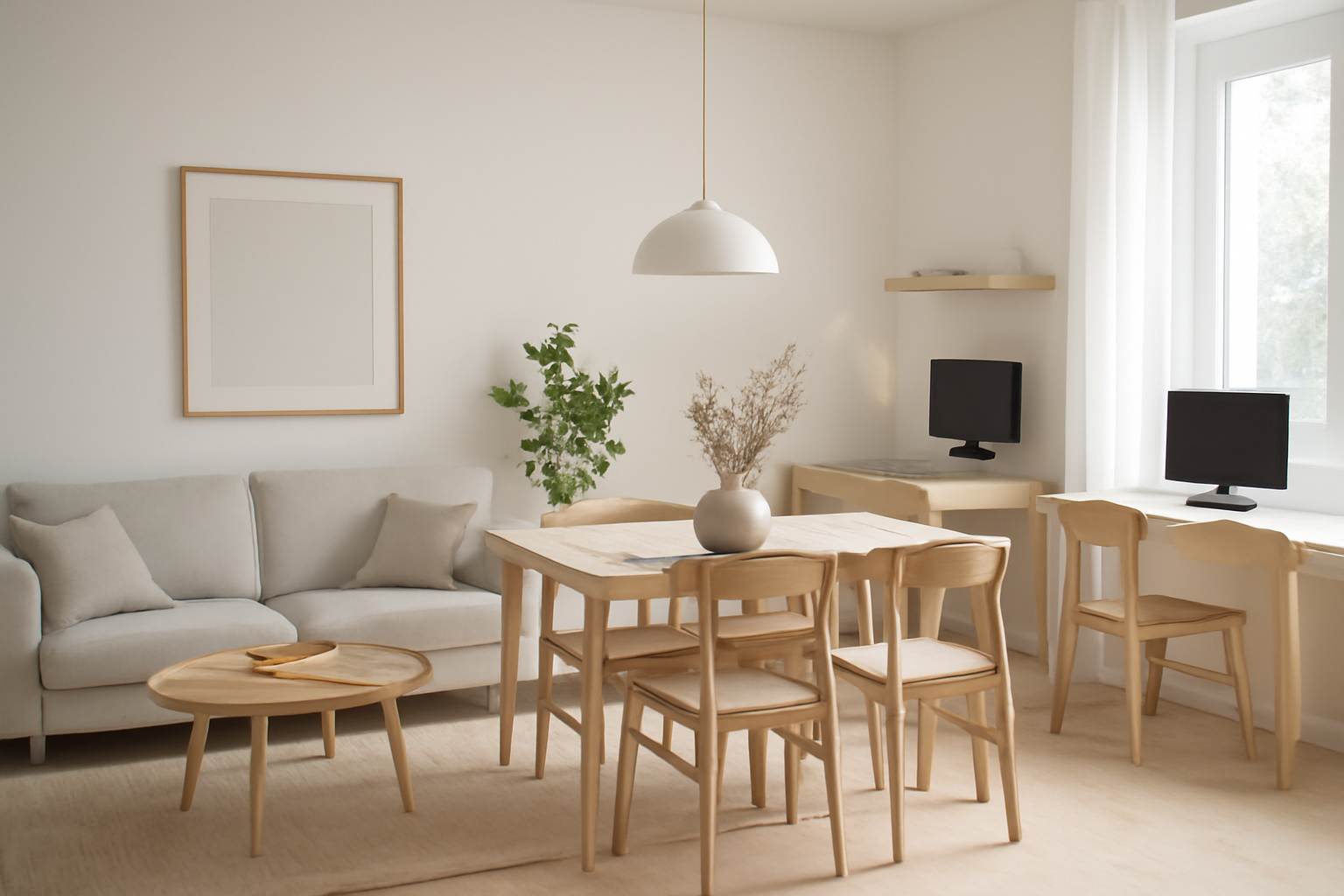 Living room with a dining set and computer table in a scandinavian minimalist style