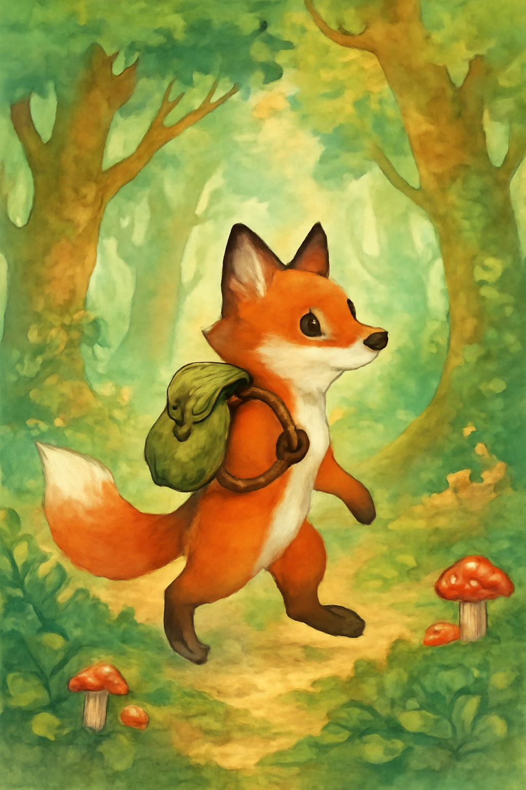 A brave fox with a backpack walking in a magical forest, children’s book illustration style