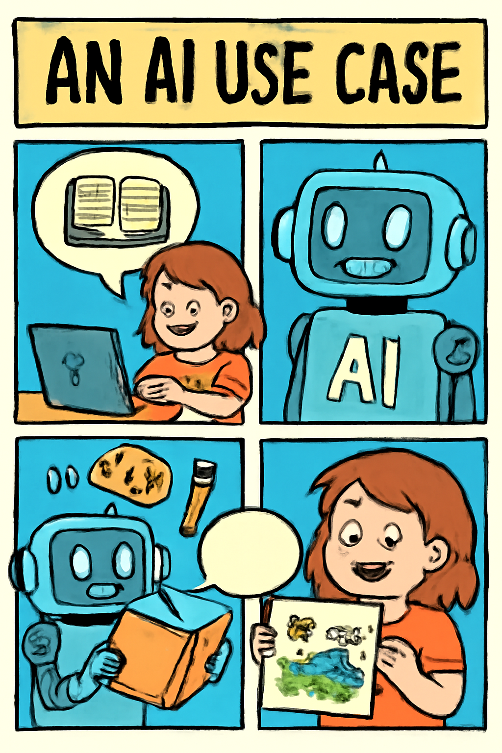 Generate a comic-style educational illustration that explains an AI use case. Use a lively and playful style suitable for a younger audience.