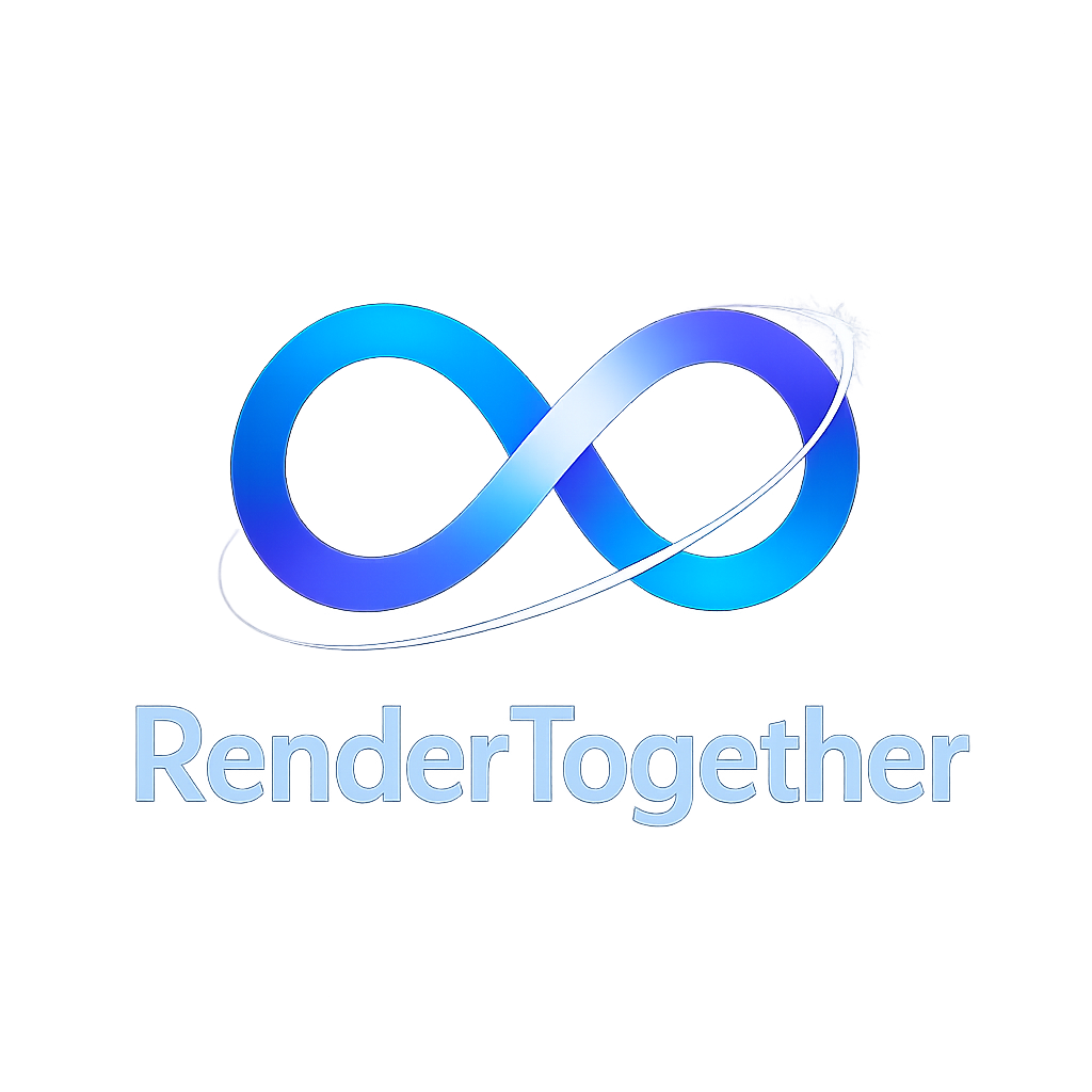 My brand name is RenderTogether . Generate a logo with a futuristic and tech-inspired look. The overall style should be modern, minimalist, and premium — suitable for a technology brand. The shape should be inspired by a fusion of the infinity symbol (∞) and interstellar orbits, symbolizing infinite possibilities and technological advancement. The color scheme should mainly feature deep blue, electric purple, and silver white, with a touch of gradient glow effects.