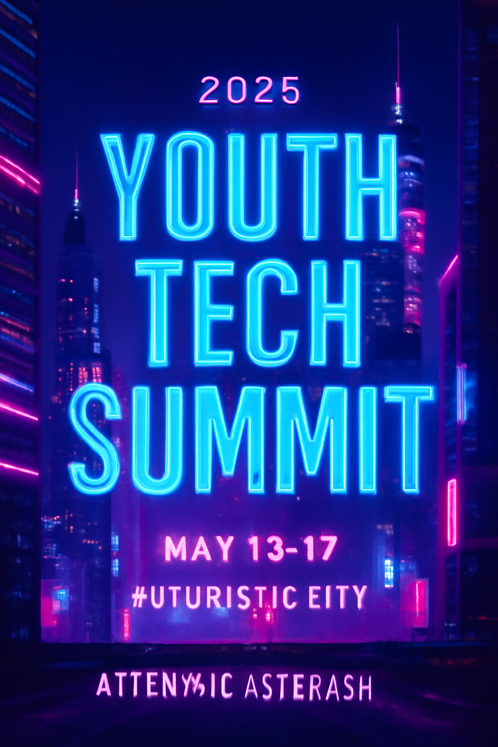 Poster design for a 2025 Youth Tech Summit, with a futuristic city background, vibrant neon lights, and bold typography