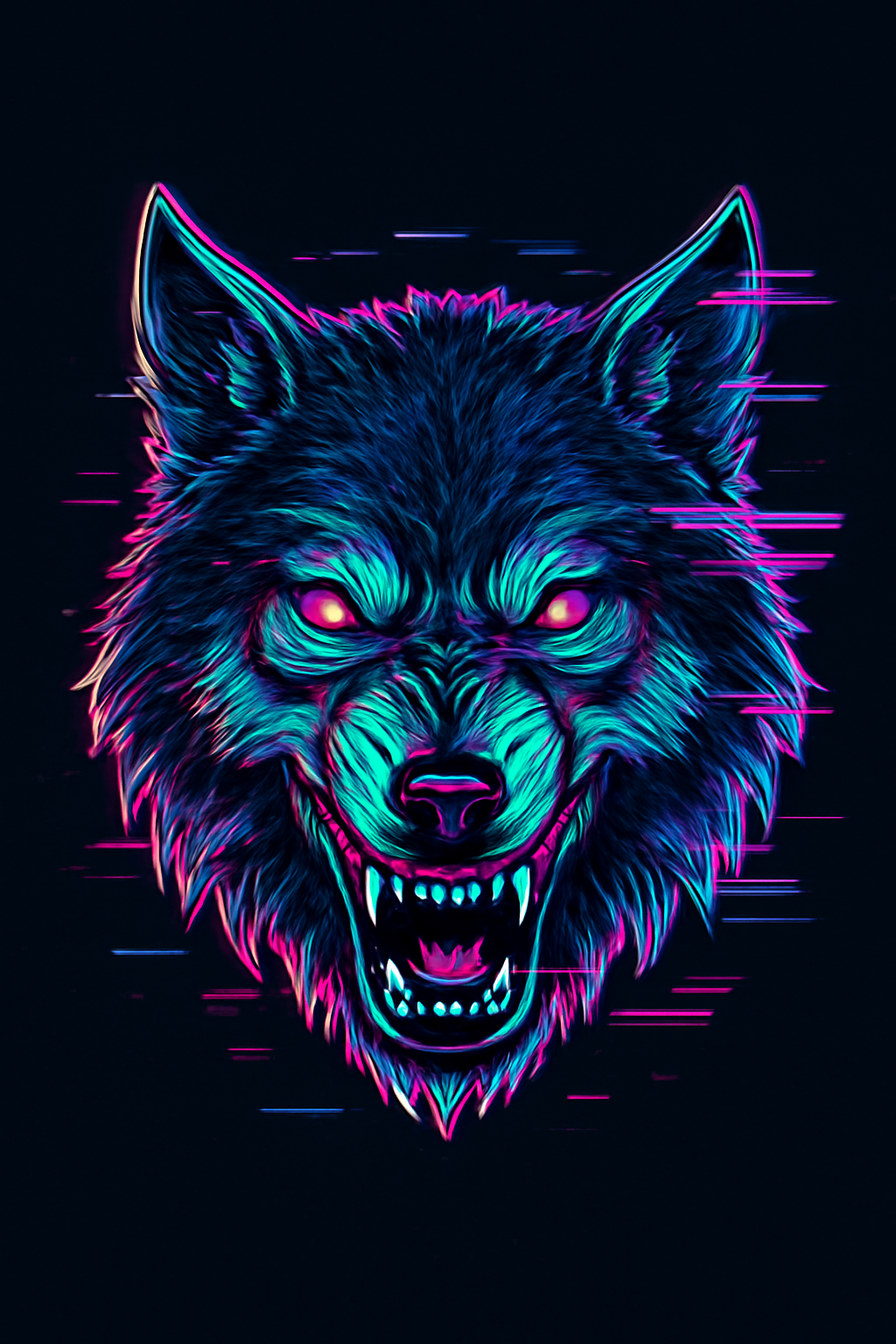 A fierce wolf head in vaporwave style, with neon outlines, glitch effects, and a cyberpunk vibe, centered for a t-shirt print