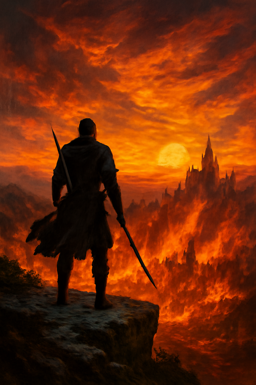 A lone warrior standing on a cliff at sunset, overlooking a burning kingdom, epic fantasy style book cover