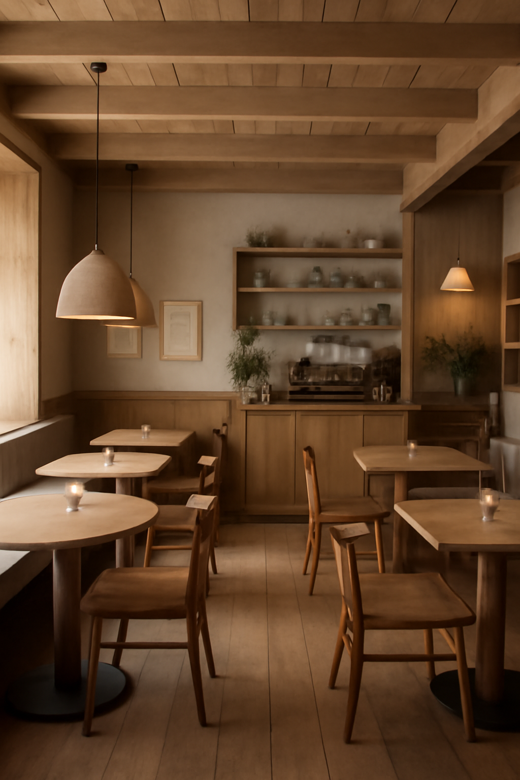 A cozy café interior in Nordic style, with wood textures, soft lighting, and minimalist décor