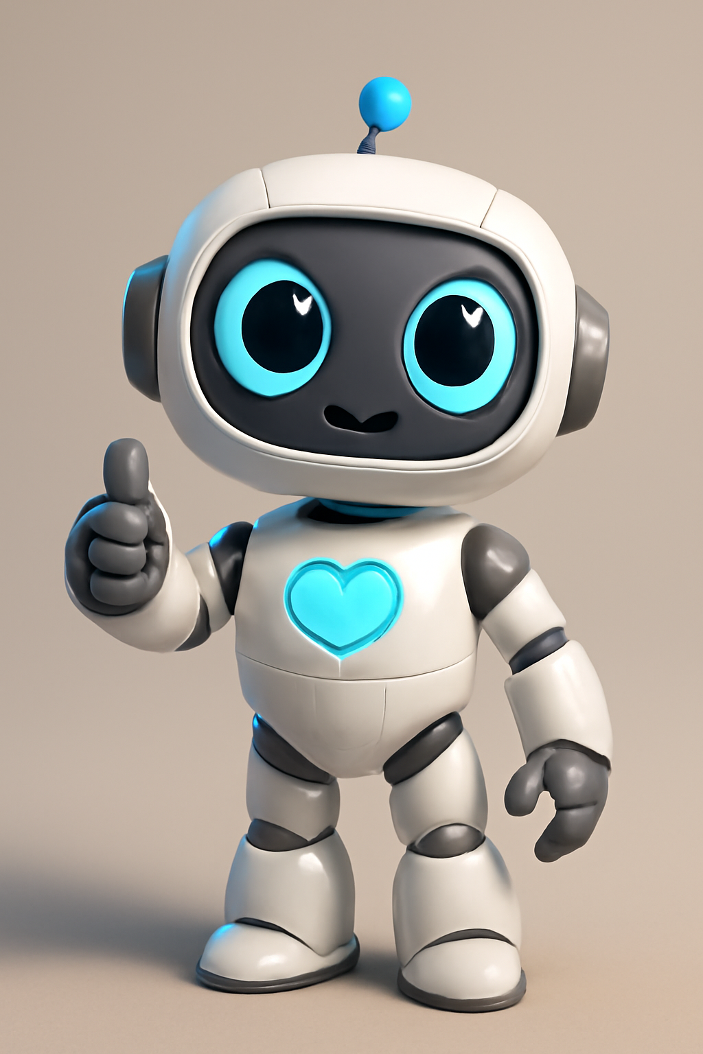 A friendly robot mascot with big round eyes, a sleek white body, and a glowing blue heart, standing with a thumbs up — in 3D cartoon style