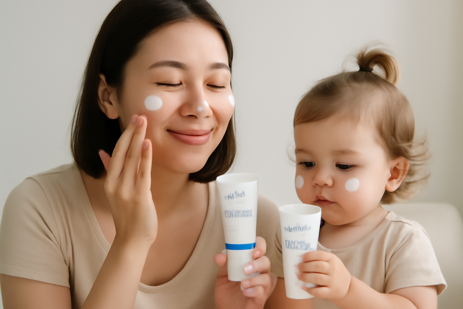 A mother using drs secret skincare with her 2 years old daughter playing the sunscreen beside her